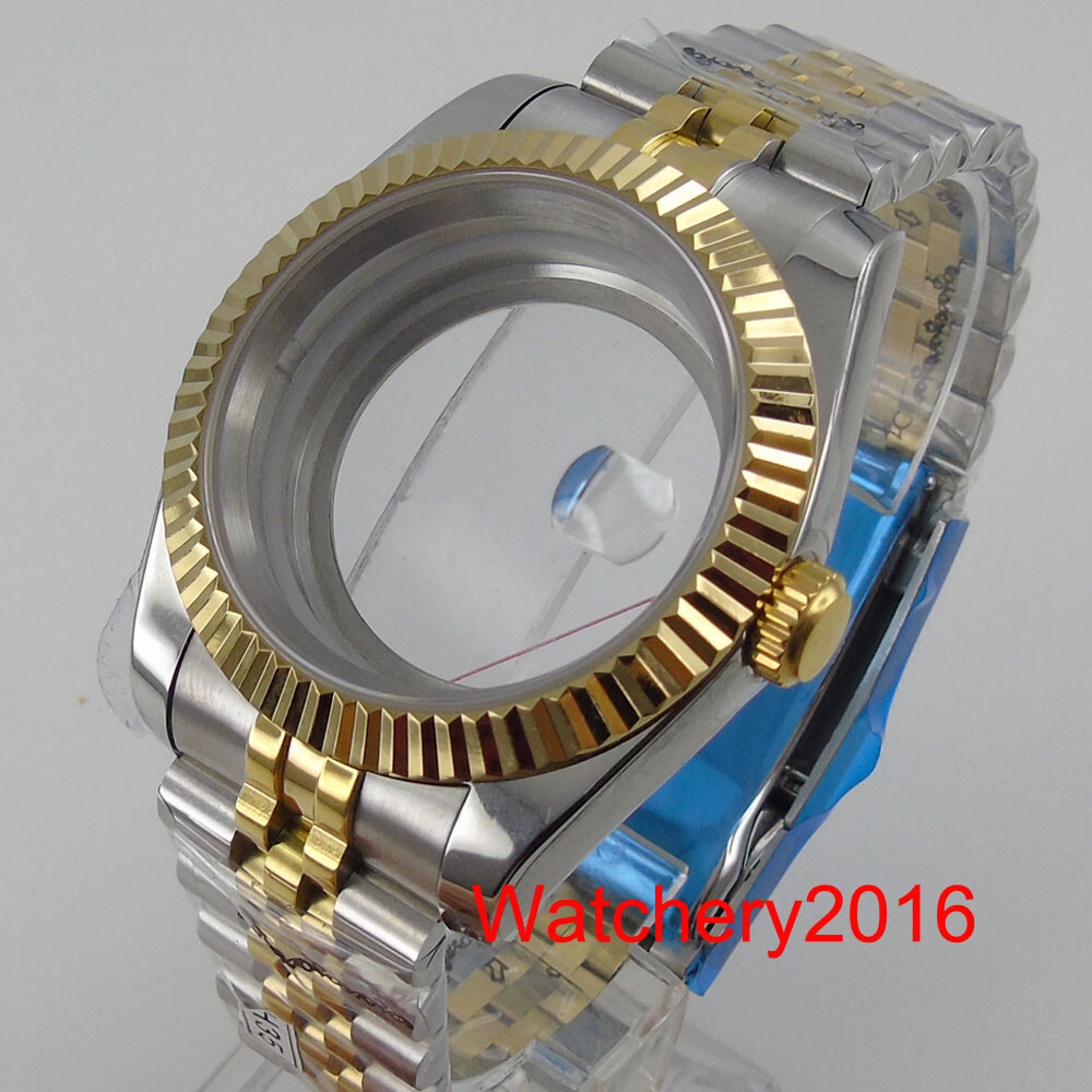 39mm Two Tone Gold Watch Case Fluted Bezel See-though Glass Back Fit NH35 miyota