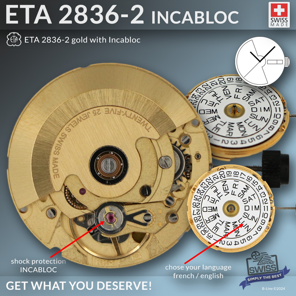 MOVEMENT ETA 2836-2 INCABLOC, GOLD AUTOMATIC, SWISS MADE
