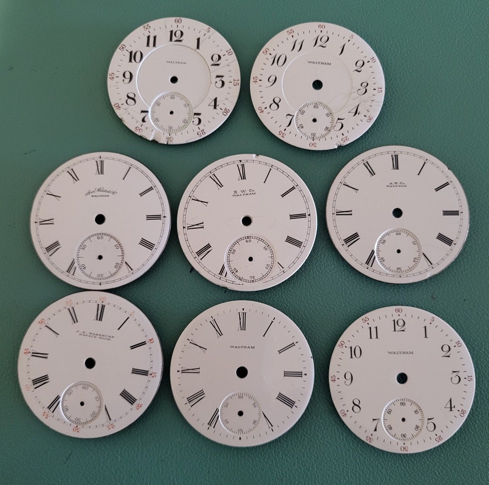 Eight 18s Waltham Enamel Dials For Parts Or Repairs