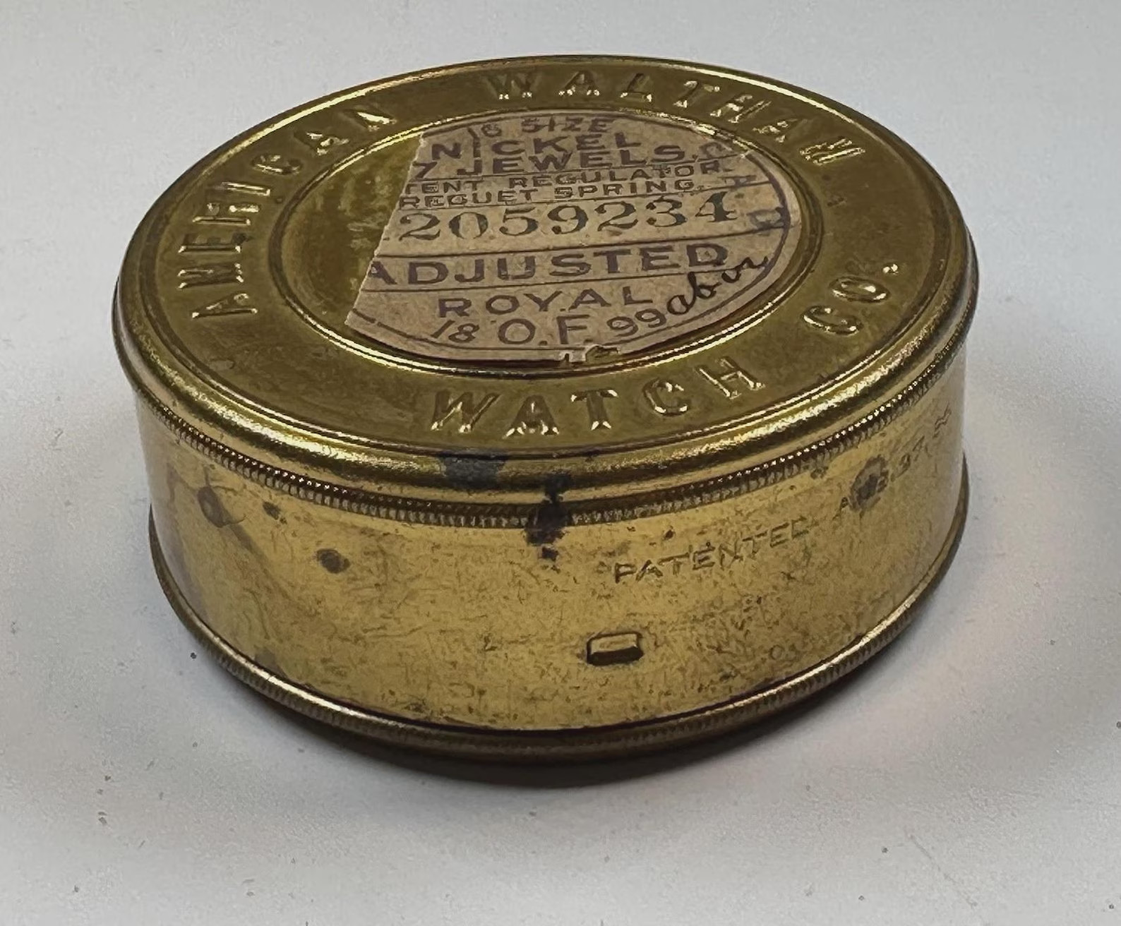 American Waltham Watch Co Brass Pocket Watch Movement Storage Tin Label Empty
