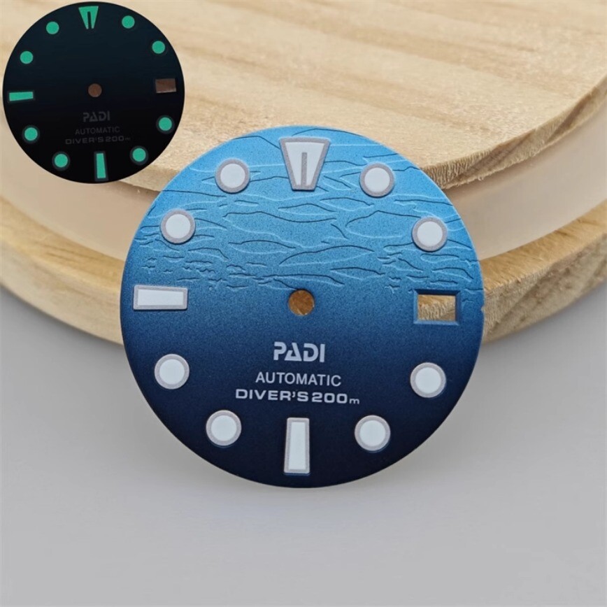 28.5mm NH35 Dial + Hands Gradient Blue 3D Dial Green Lume for NH35/NH36Movement