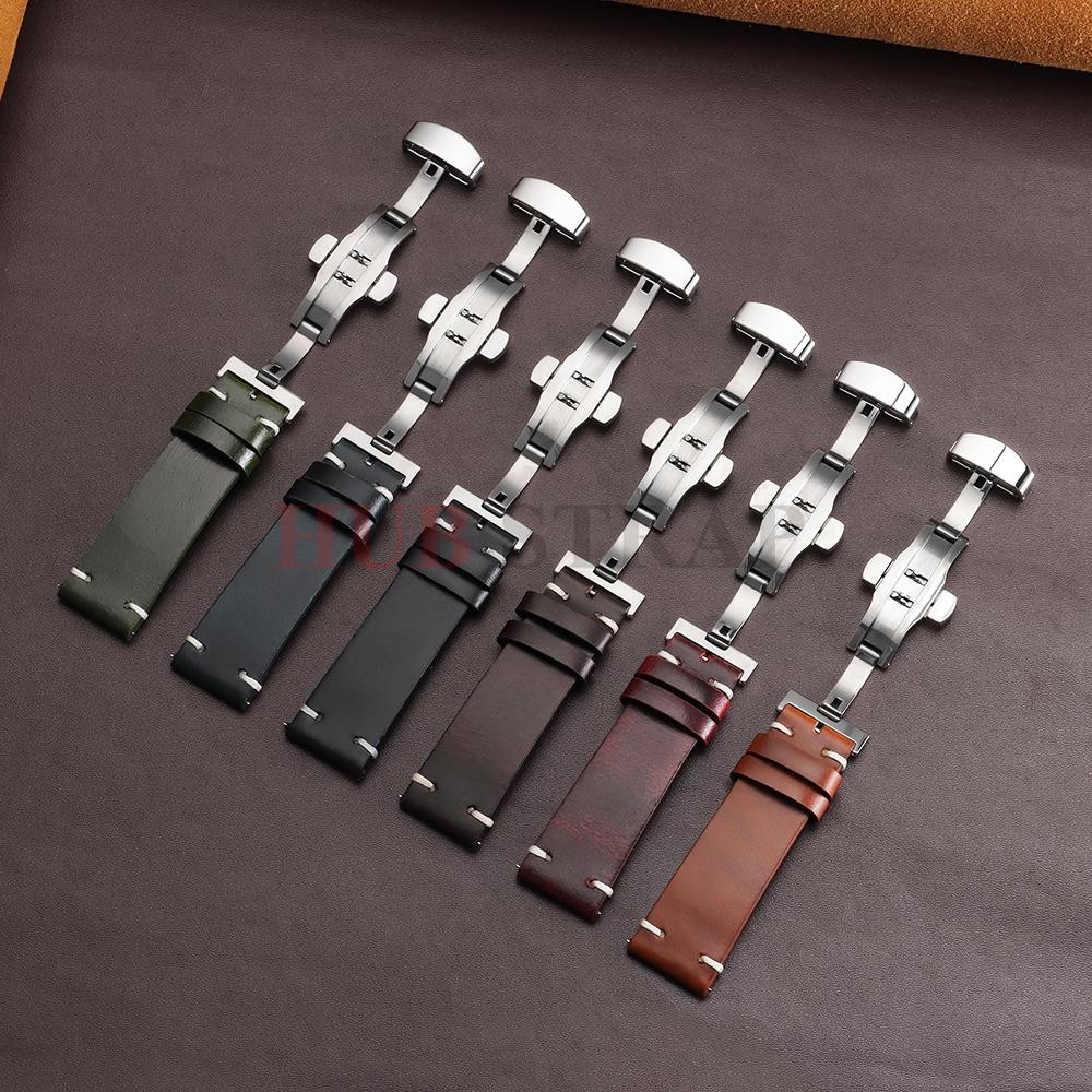 Genuine Leather Butterfly Buckle Watch Bands 18/20/22mm Waterproof Retro Oil Wax