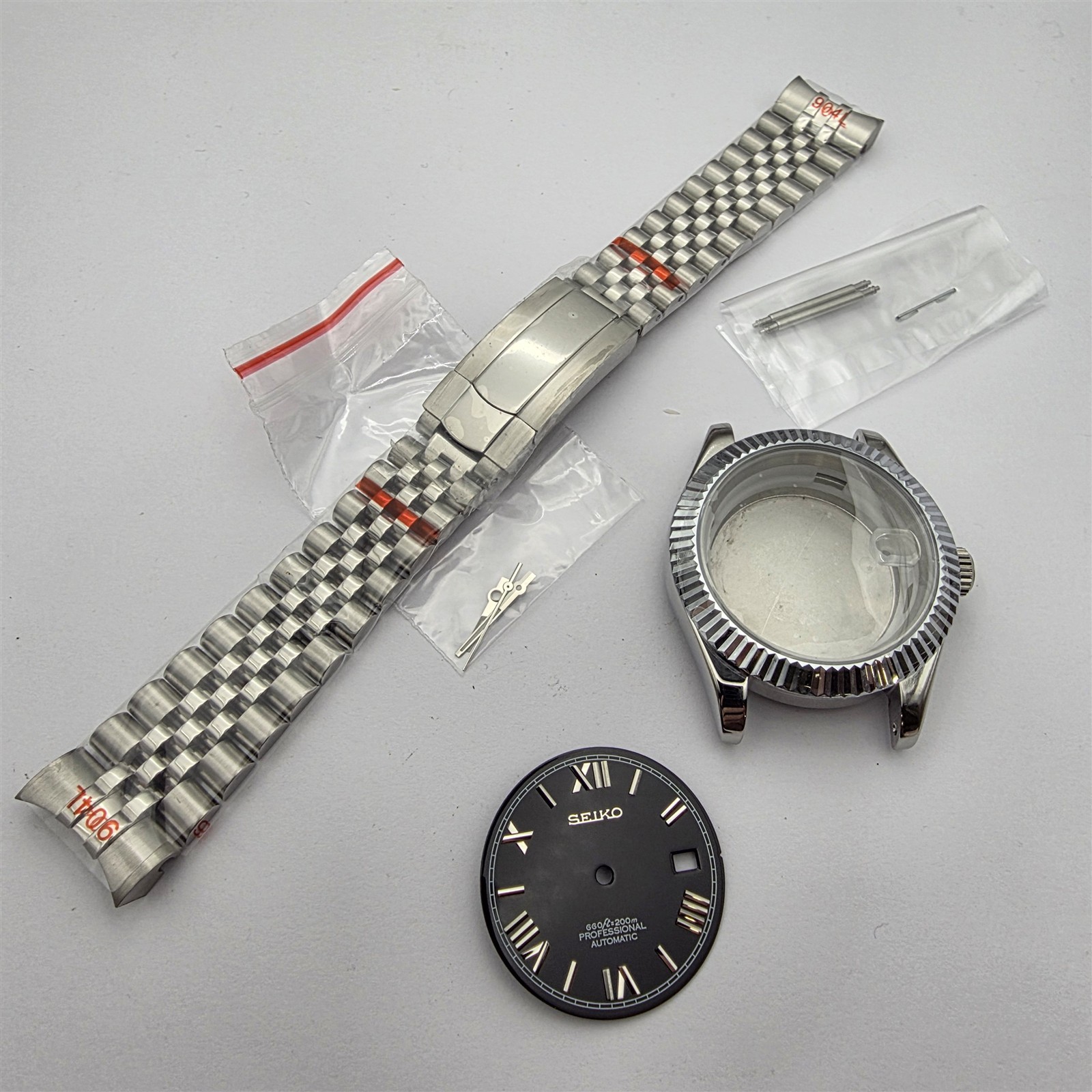 NEW AF SEIKO LEX DATE JUST SS ROMAN BLACK KIT CASE BEZEL CROWN GLASS STRAP DIAL