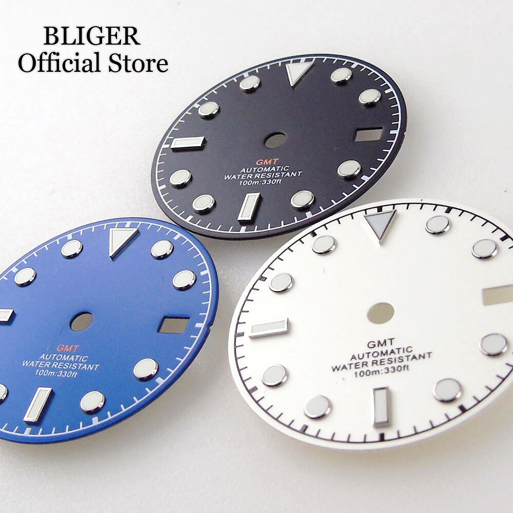 Luminous Black White Blue NH34A 29mm Watch Dial Face Date Window fit NH34 GMT