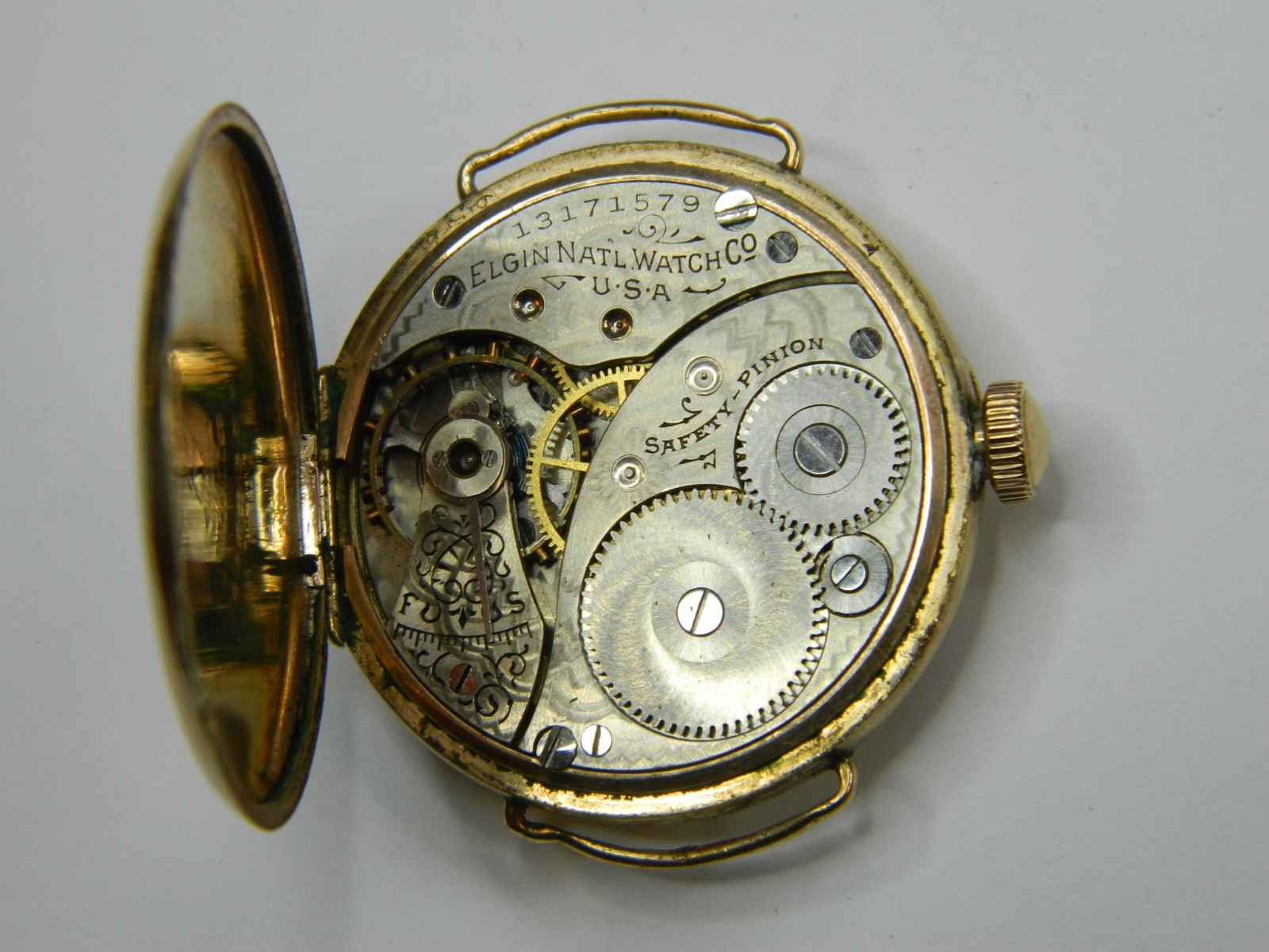 1908 PRE-WW1 ELGIN 0S 10K GOLD FILLED WIRE LUGS TRENCH WATCH – FINE CASE -REPAIR