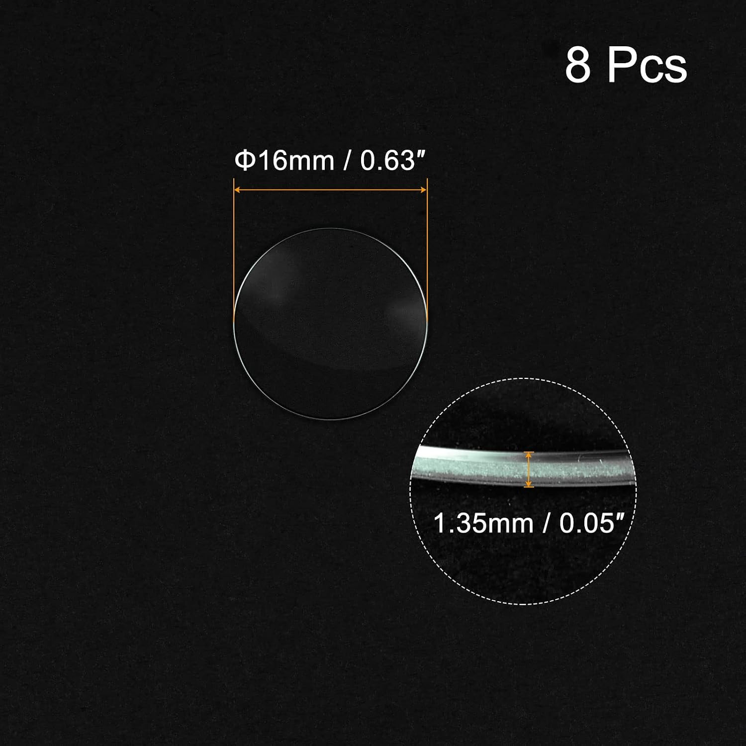 8 Pack 16mm Dia. Watch Glass Crystal Lens, Single Dome Round 1.35mm Edge Thickne