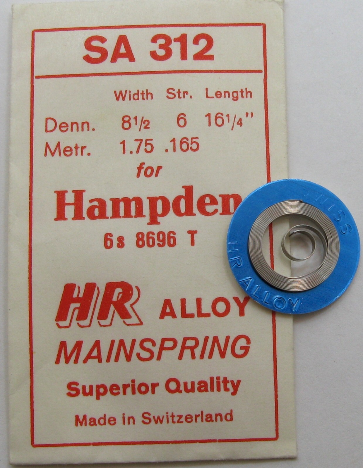 New old stock Hampden 6s 8696 T Mainspring x 1 piece white alloy SA 312