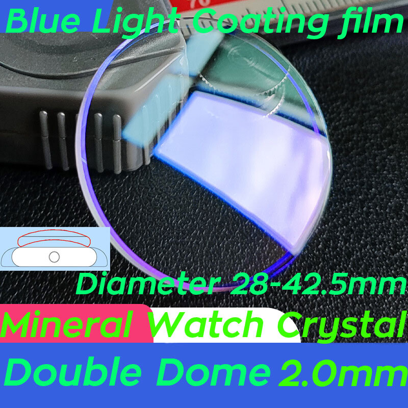 2.0mm Double Dome Mineral Glass Blue Light Coated Crystal Watch Glass 28-42.5mm