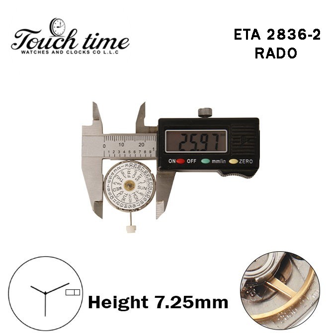 ETA 2836-2-RADO-Swiss Movement-White AR/EN Day/Date Disk At 3-H:7.25mm-3 Hands