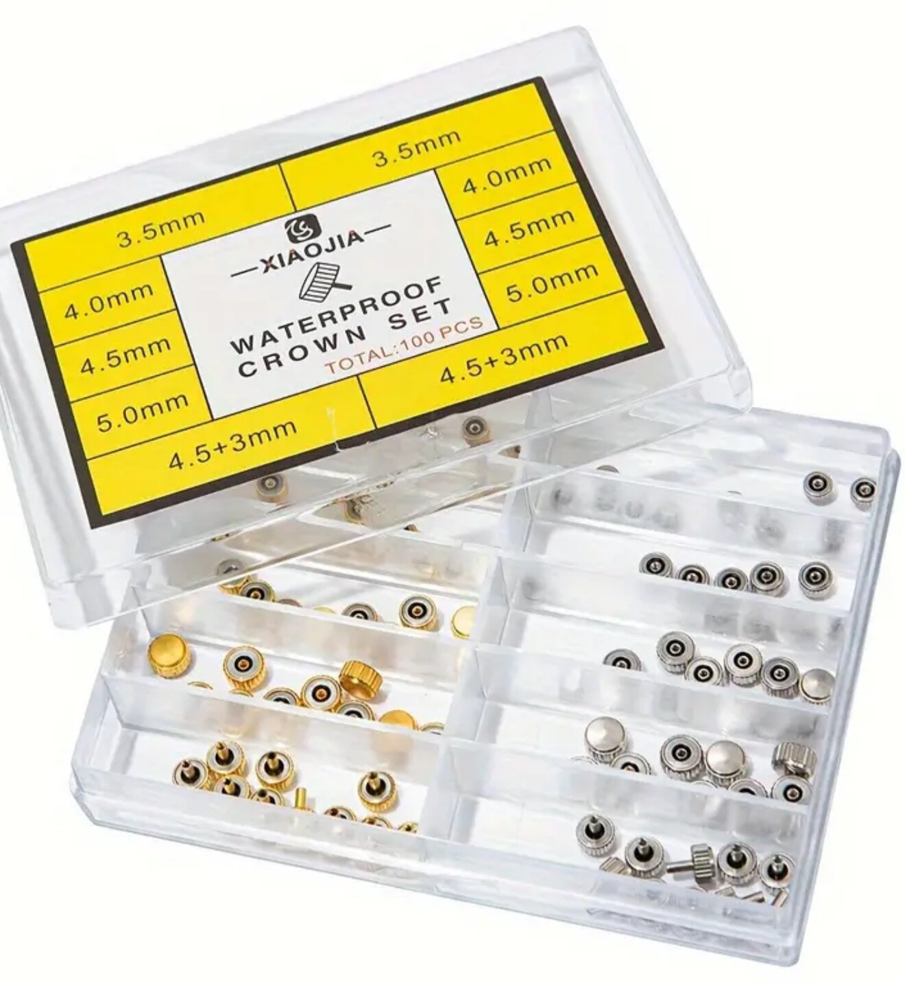 100 Stainless Steel Watch Crown Assorted Gold Silver Flat Long Head Crowns Mixed