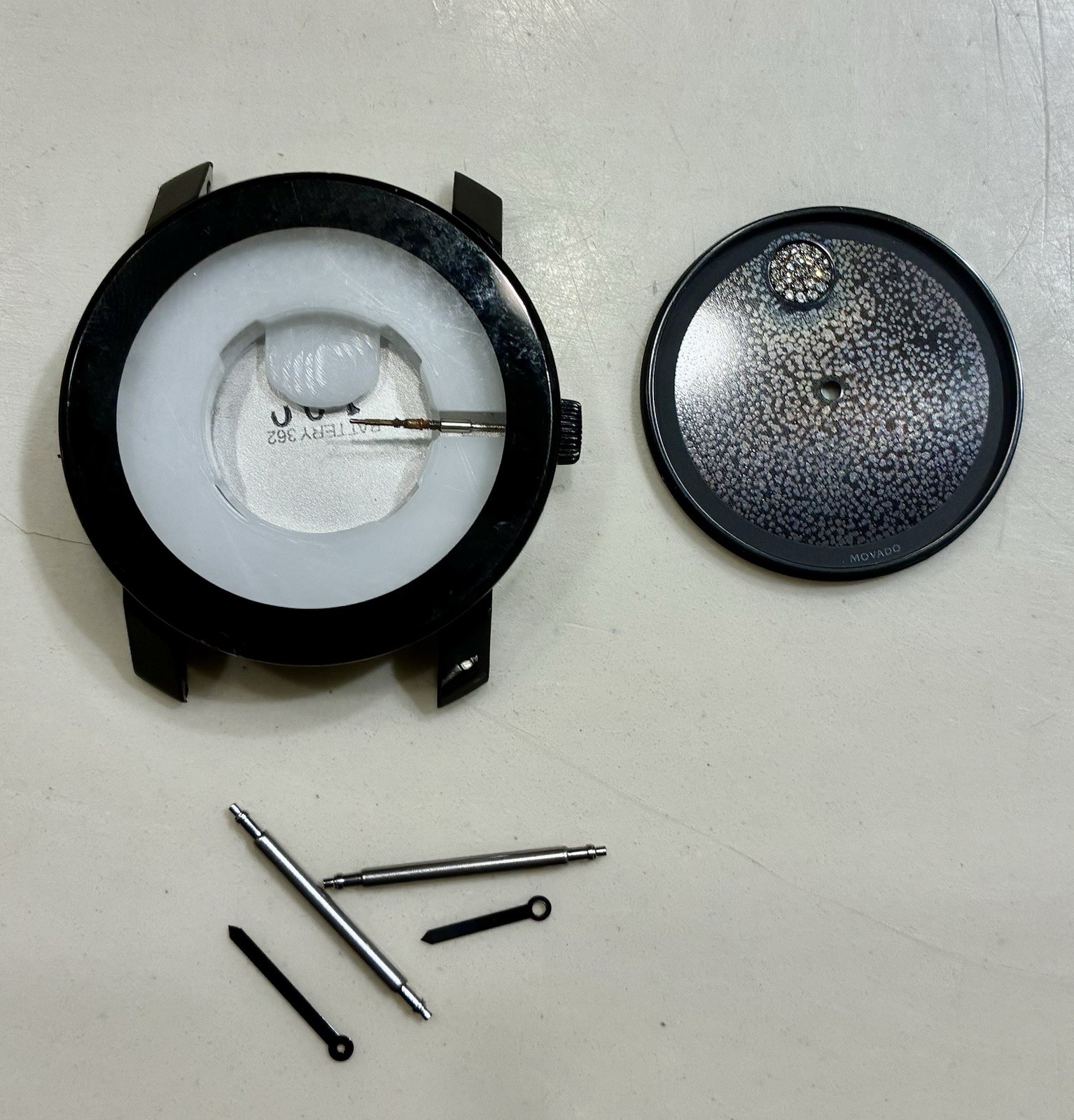 Movado Bold Watch Parts Crystal,Case, Hands, Face, Bars Black Silver Steel317660