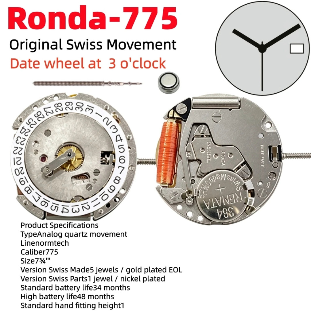 Genuine Swiss Ronda 775 Quartz Watch Movement Date At 3 & 6 Repair Part