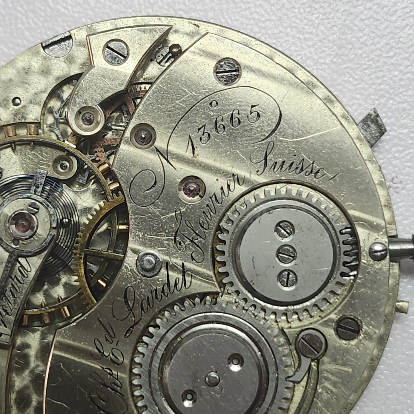 Antique Ch. Ed. Lardet Fleurier Swiss Pocket Watch Movement & Silver Floral Dial