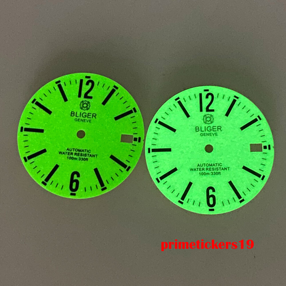 BLIGER 29mm Green White Watch Dial Black Marks Date Luminous Fit NH35 NH36 Movt