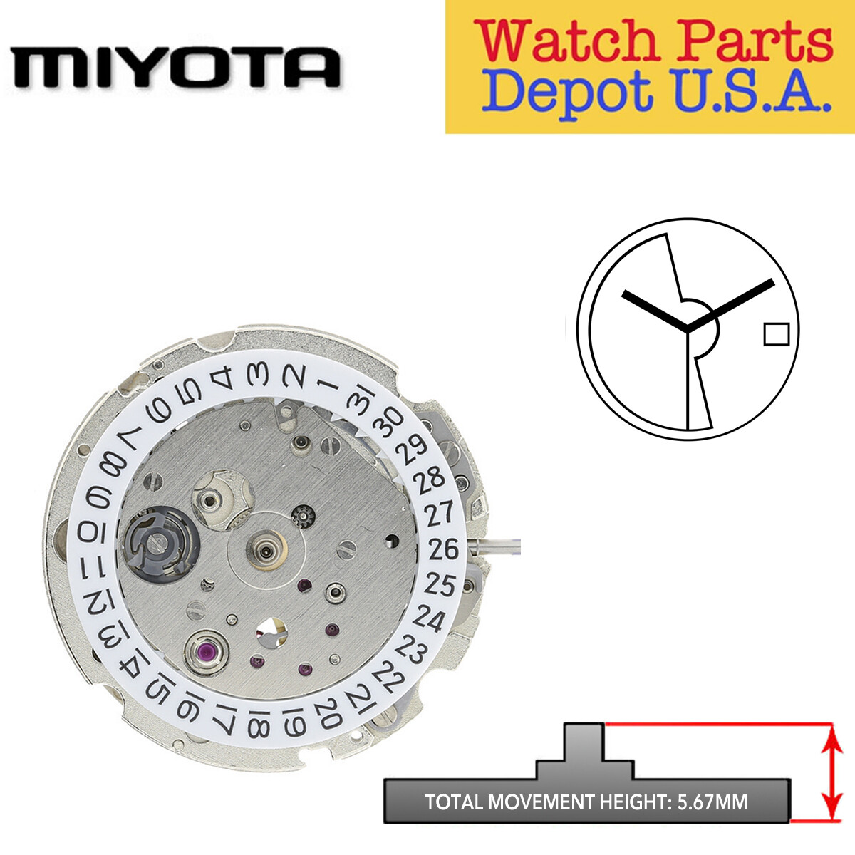 Original Miyota 821A, 11 1/2 Ligne, 3 Hands, Date at 3, Japan Automatic Movement