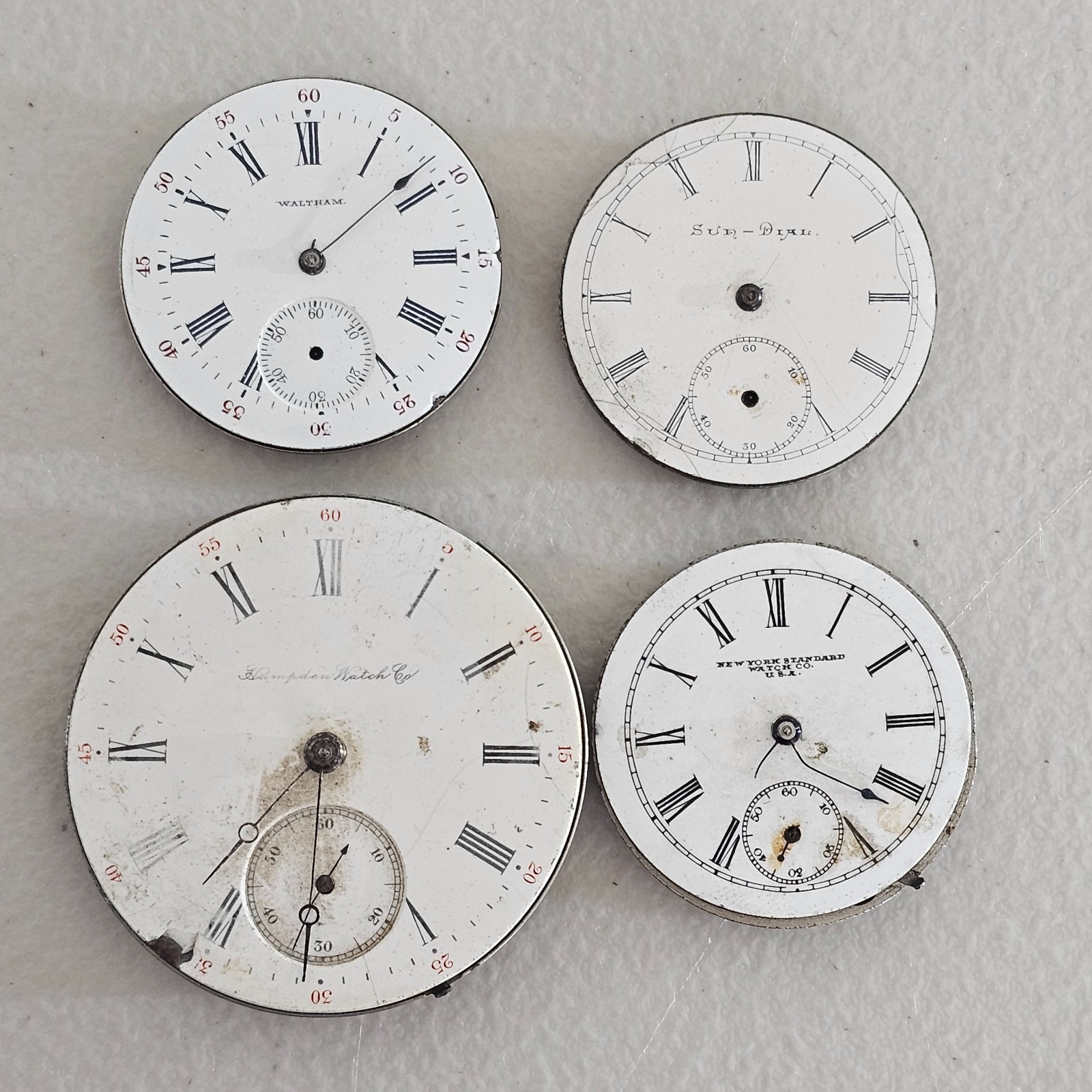 Lot of 4 American Pocket Watch Movements For Parts Waltham Hampden SunDial NY