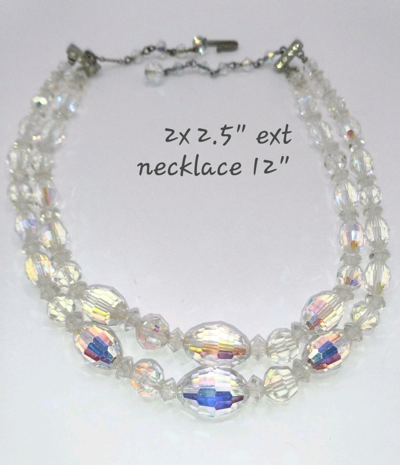 Vtg AB Crystal Specialty Cut Necklace 12″ + 5″ Extension. Silver tone