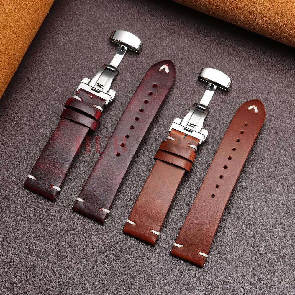 Genuine Leather Butterfly Buckle Watch Bands 18/20/22mm Waterproof Retro Oil Wax