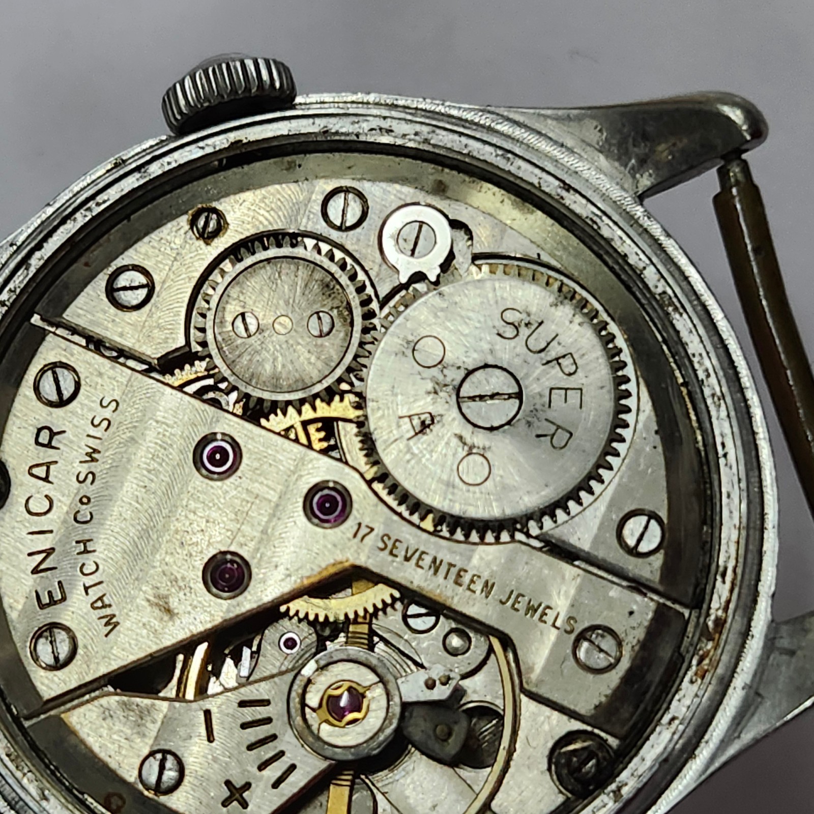 Ogival Mechanical Watch Case/Dial with Enicar 17J Movement – For Parts or Repair