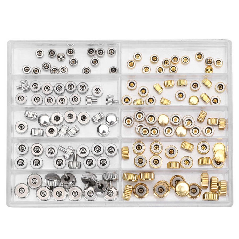 100Pcs Brass Watch Crown Watchmaker Repair Spare Parts Silver&Gold Heads Box D