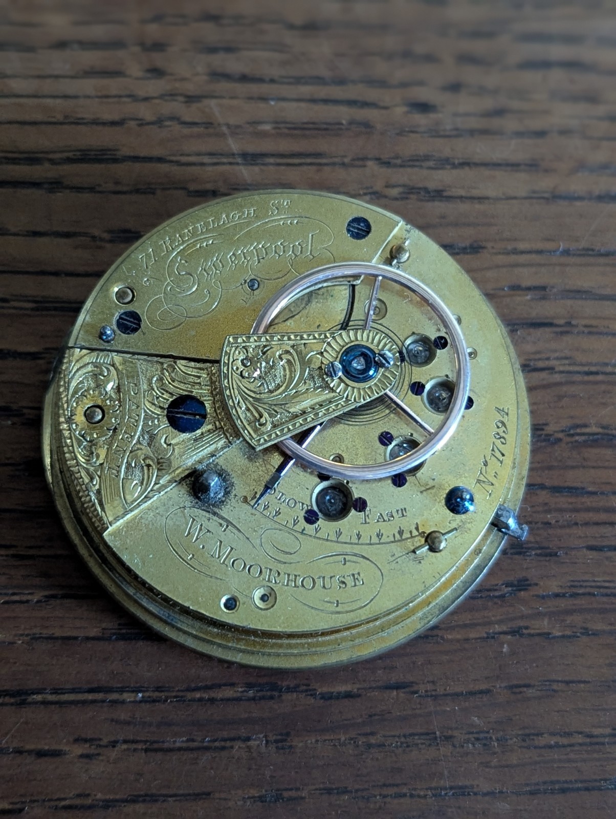 W Moorehouse Liverpool Fusee Pocket Watch Movement to Restore, Good Bal #S675