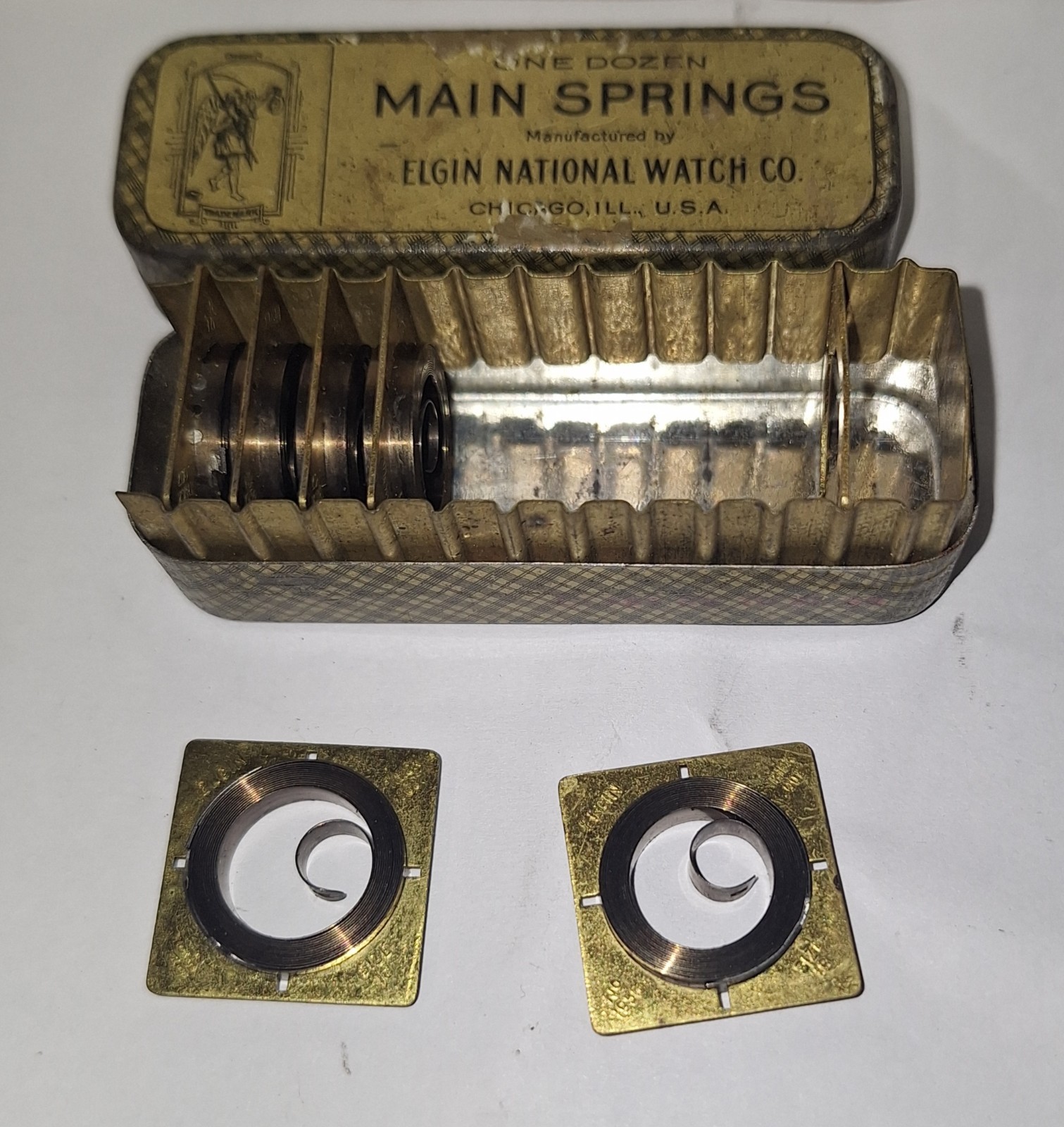 6 X Elgin Size 18 Mainspring Part No. 1956 Thick .007 in Original Tin Box N.O.S.