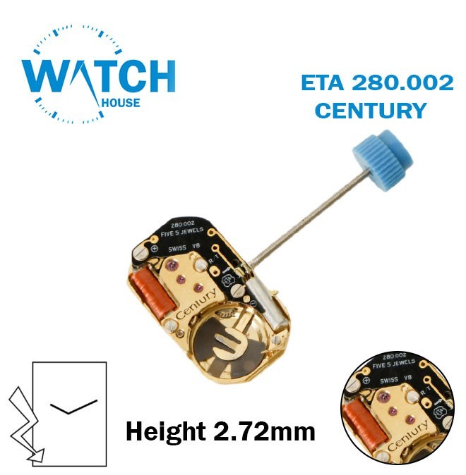 ETA 280.002 Century Swiss Made Watch Movement, 2 Hands, 5 Jewels, H:2.72mm.