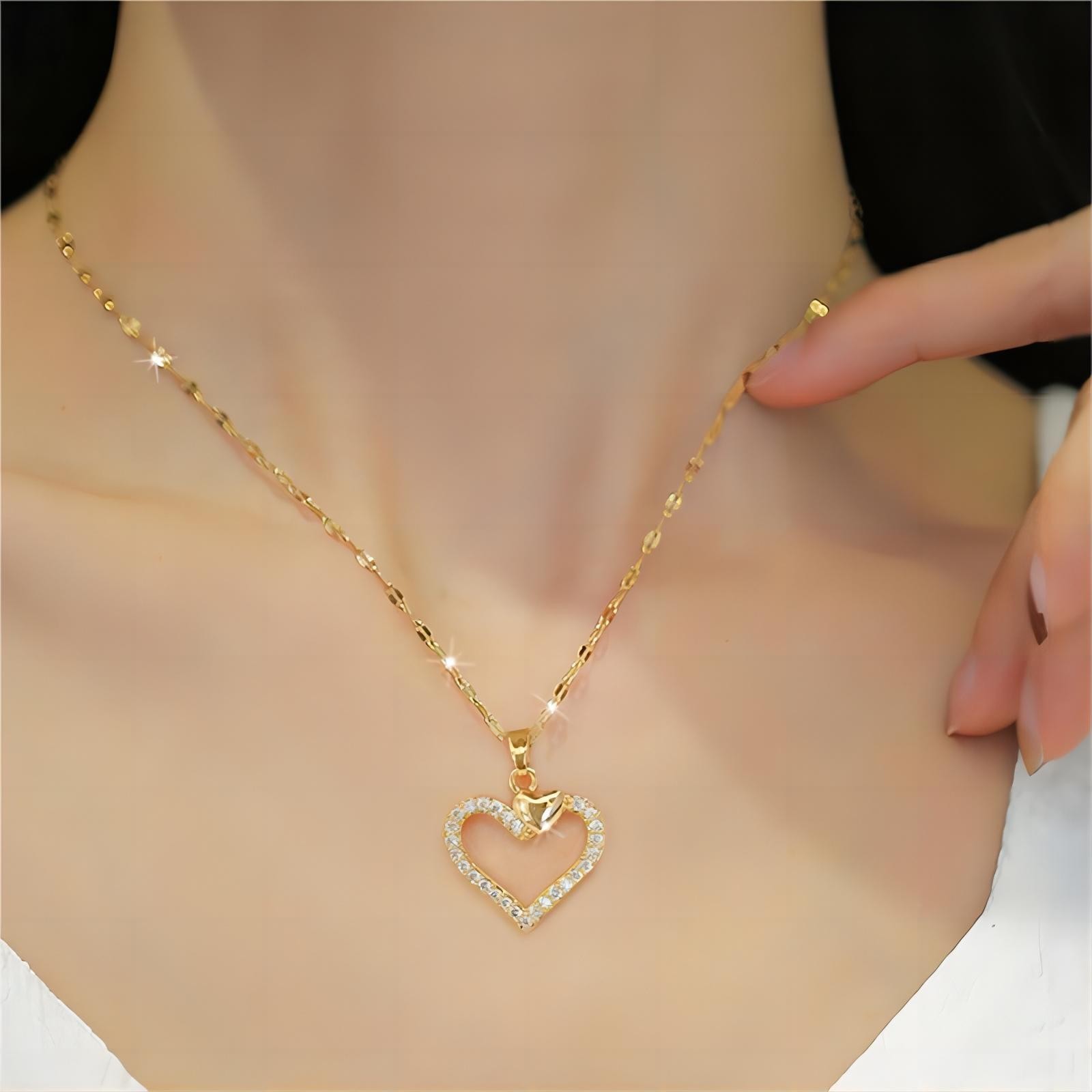Trendy Heart Stainless Steel Zirconia Necklaces For Women Girls Love Gold Color