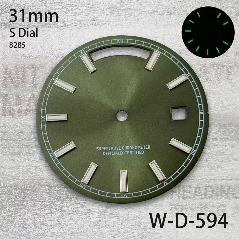 31mm S Logo Day And Date Dial For 8285 Movement Green Lume Watch Accessories