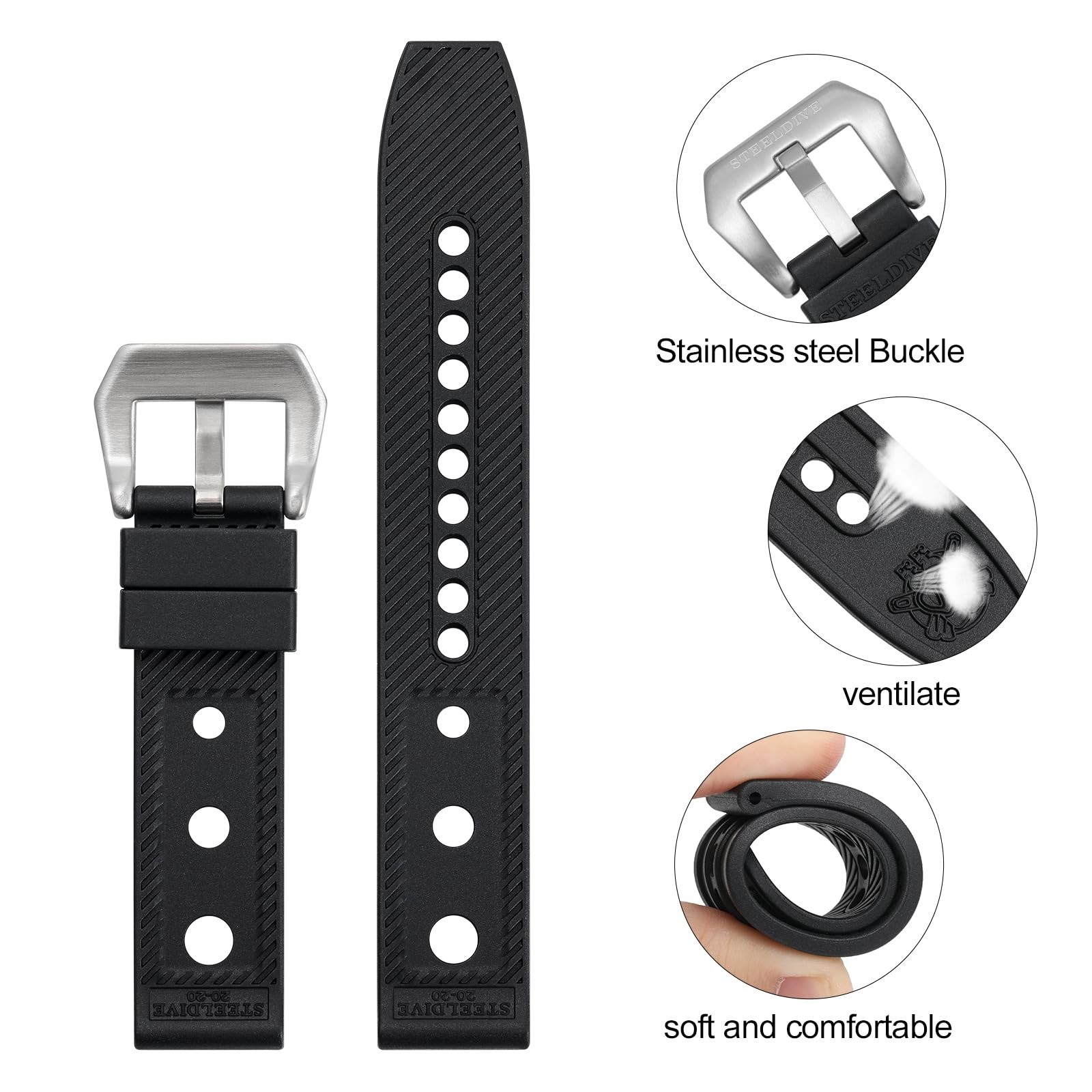 Steeldive Rubber Dive Watch Strap, 20mm Soft Replacement Watch Bands Black Wa…