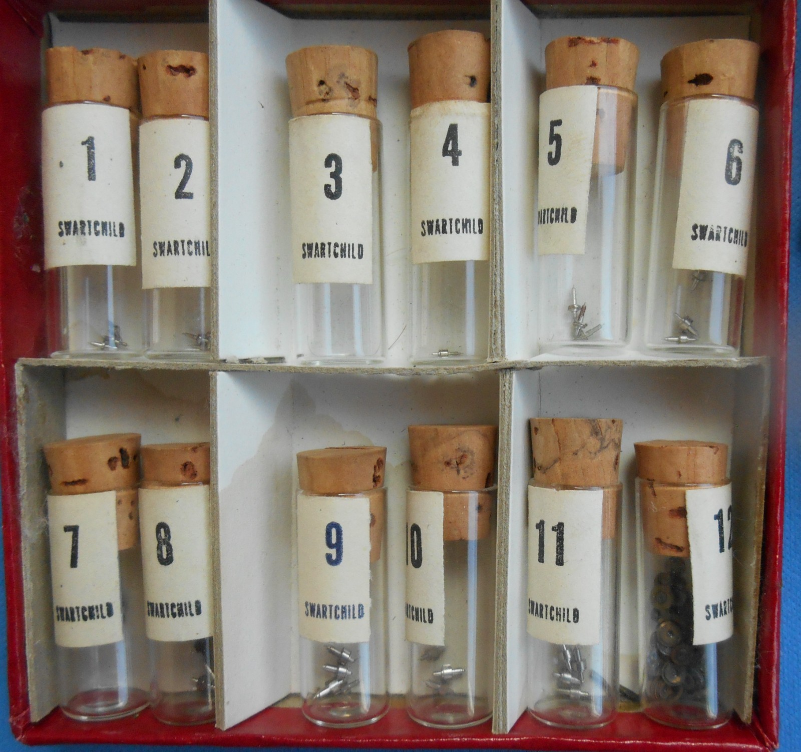 Vintage Watch Swartchild & Co Balance Staff Assortment, 12 glass vials, box