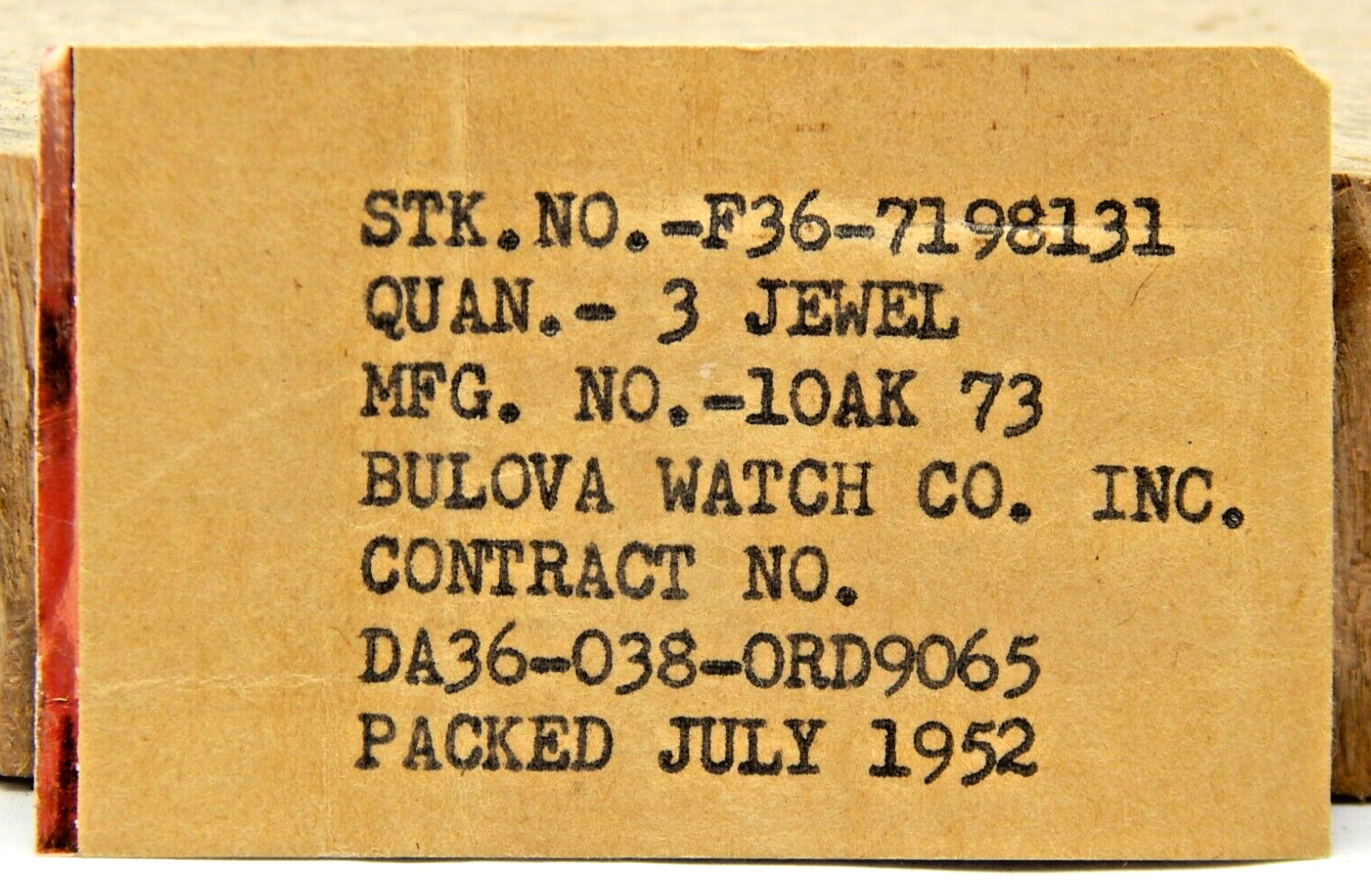 Military 1953 Bulova 10AK 73 3 Jewels stock No. -F36-7198131 new NOS watch part