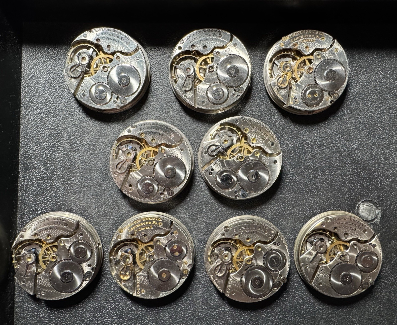9 HAMILTON 16S 17J GRADE 974 & 975 ADJUSTED POCKET WATCH MOVEMENT LOT