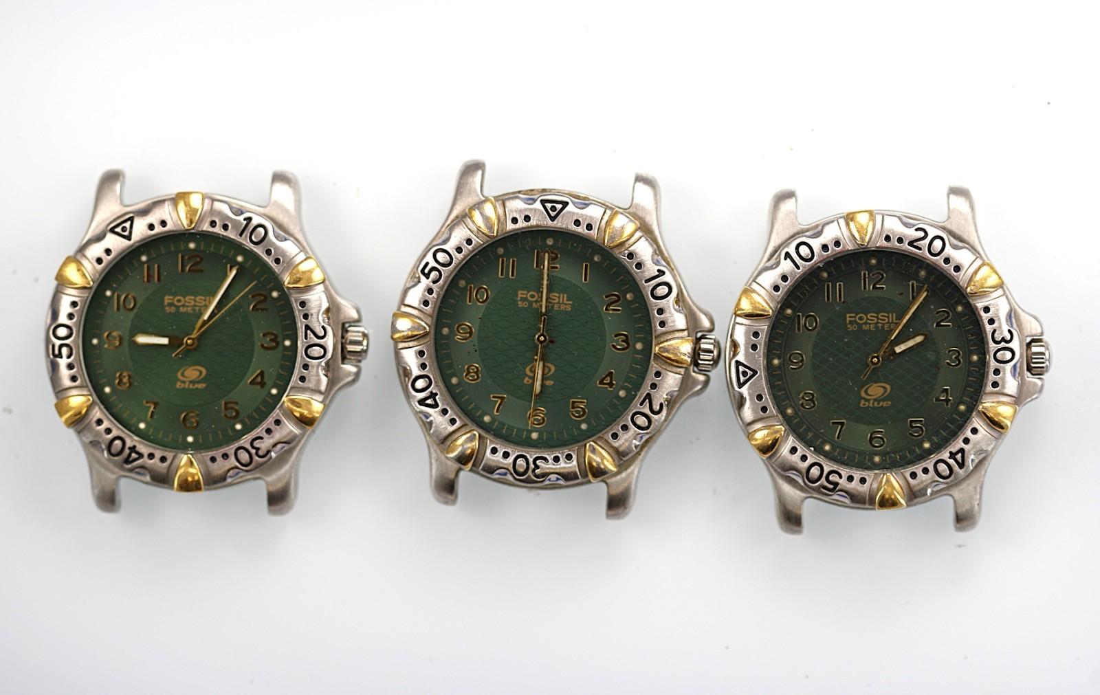 Fossil Blue Watch Men Silver Gold Stainless St 50m Batt Green NON-WORKING Parts