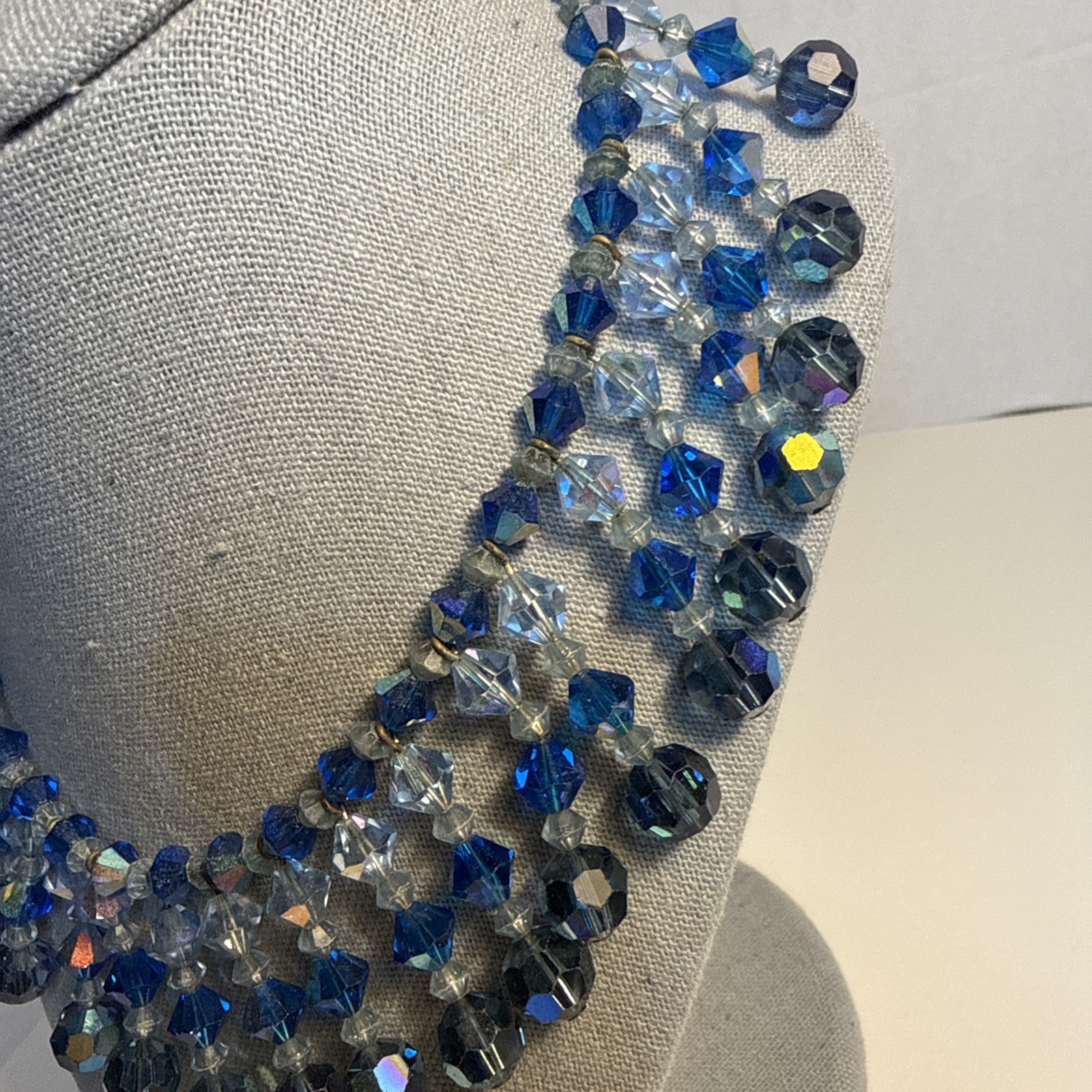 Vintage Blue Glass Or Crystal Borealis Choker Necklace Beautiful 15” 50s