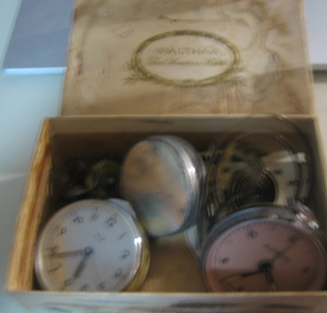 ANTIQUE BOX WATCH CLOCK PARTS MOVEMENTS GEARS ETC FOR REPAIRING STEAMPUNK CRAFTS