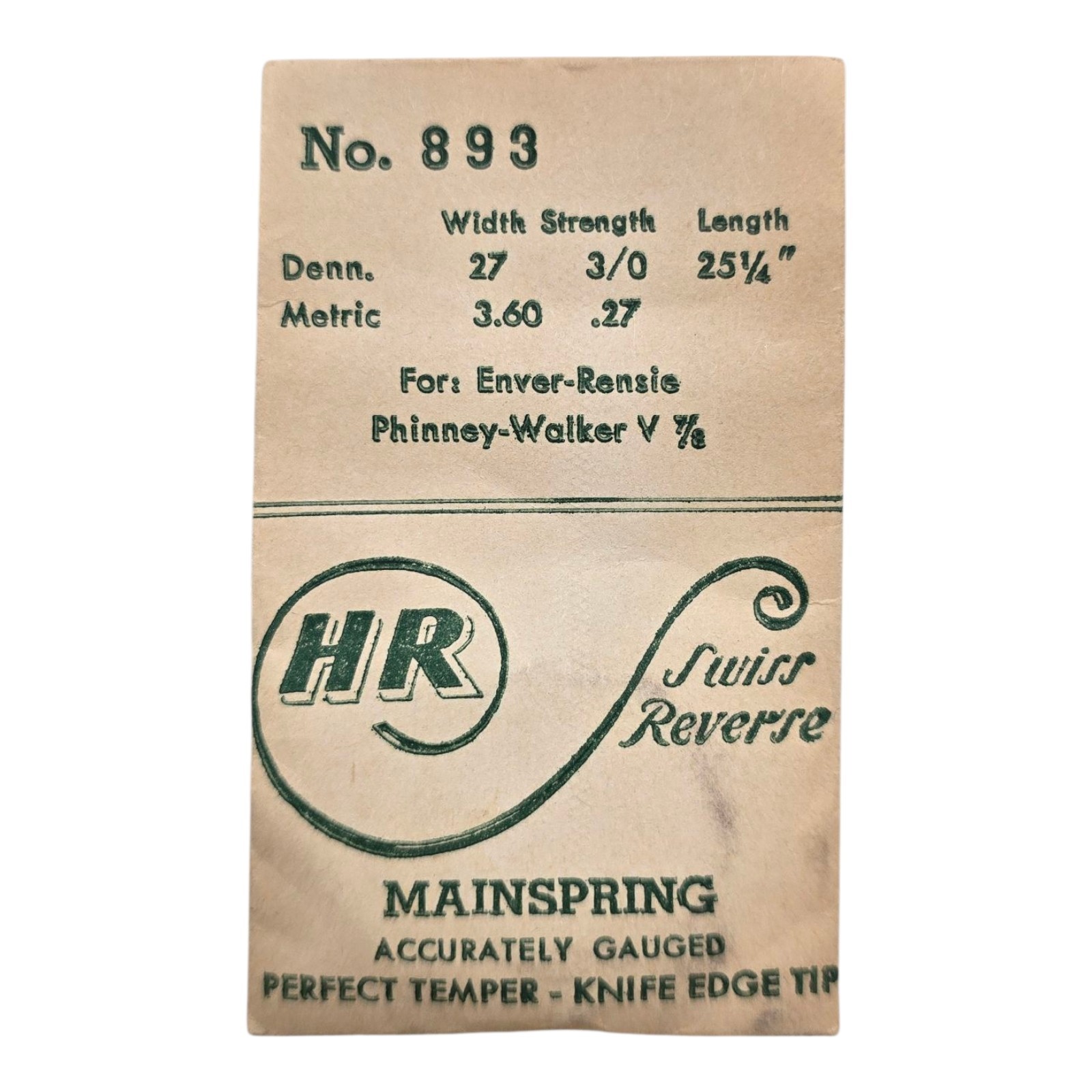 NOS HR Mainspring, Enver-Rensie, Phinney,Walker V 7/8, No. 893, Swiss Reverse
