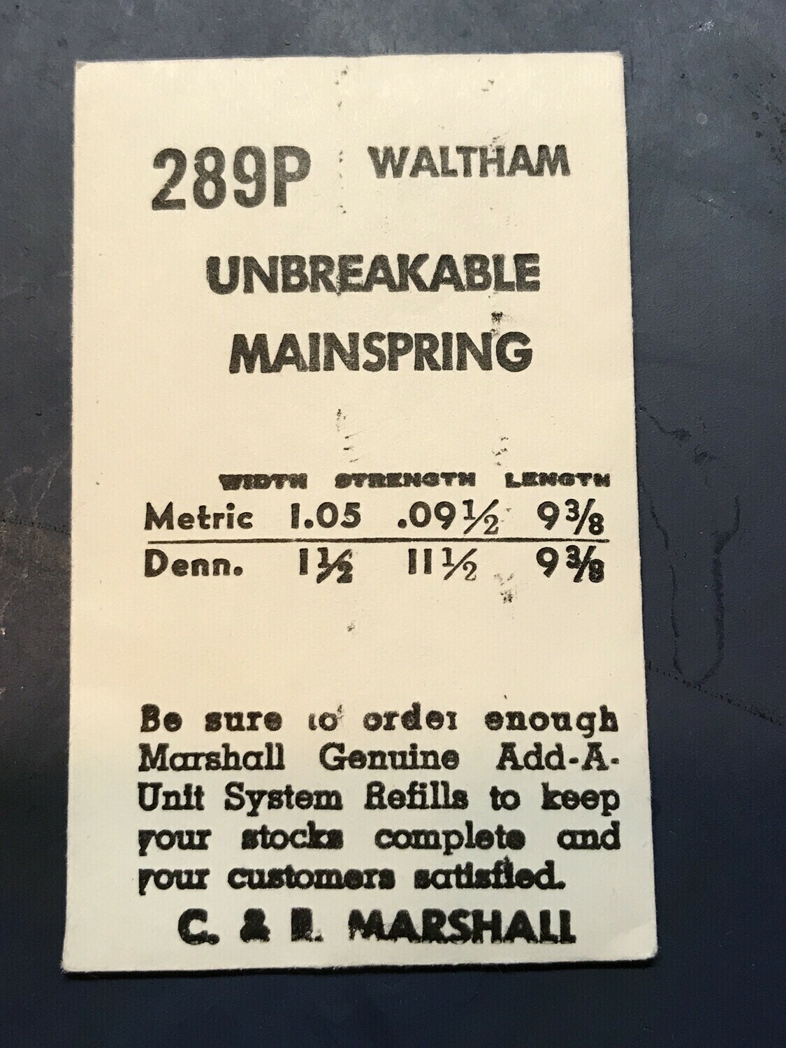 C&E arshall Mainspring 289P for Waltham 6½L movements No. 2239 / 2272 – Alloy