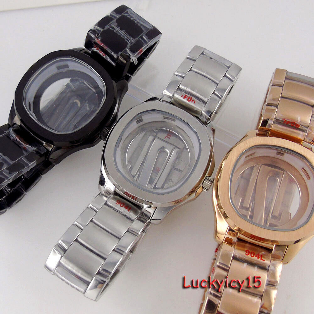 40mm Square Silver Black PVD Mens Watch Case Fit NH35A NH36A NH34A Automatic Mov