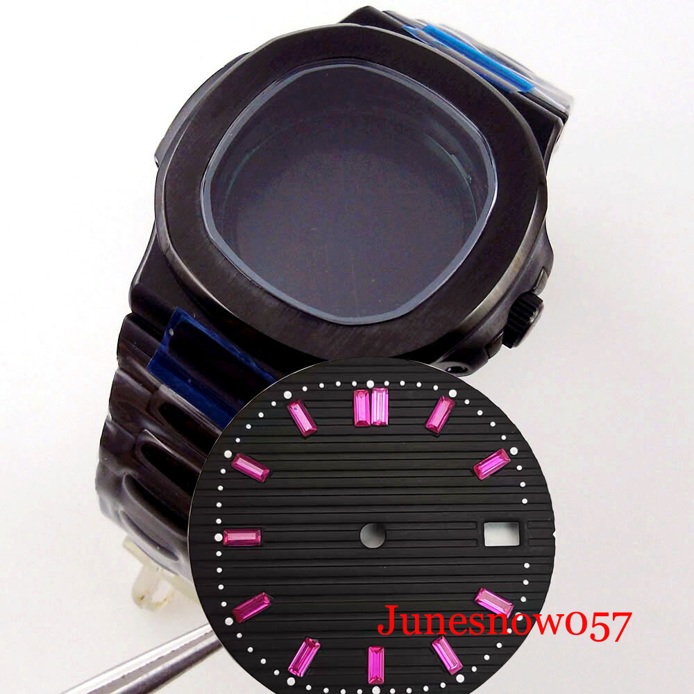Square 40mm Black PVD Case With Watch Dial Fit NH35A NH36A NH34A Sapphire Glass