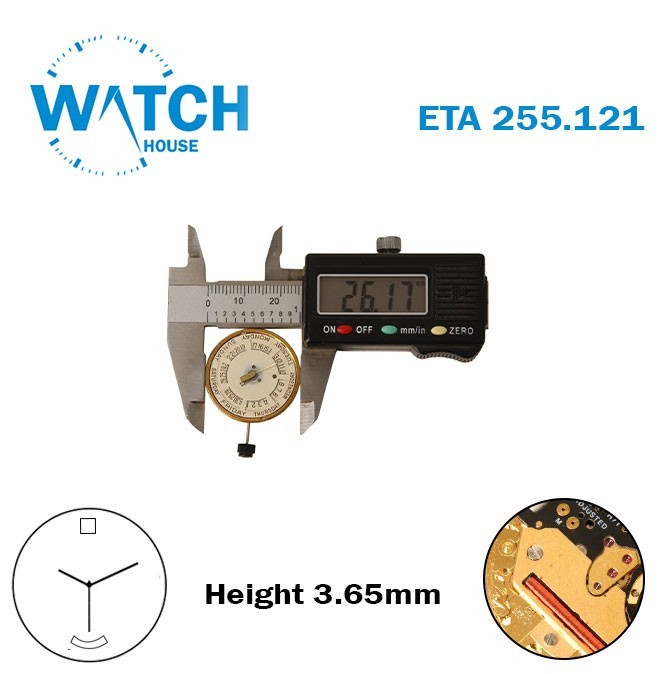 ETA 255.121 Swiss Watch Movement-Height:3.66mm-Beige Day At 6 & Date Disk at 12.