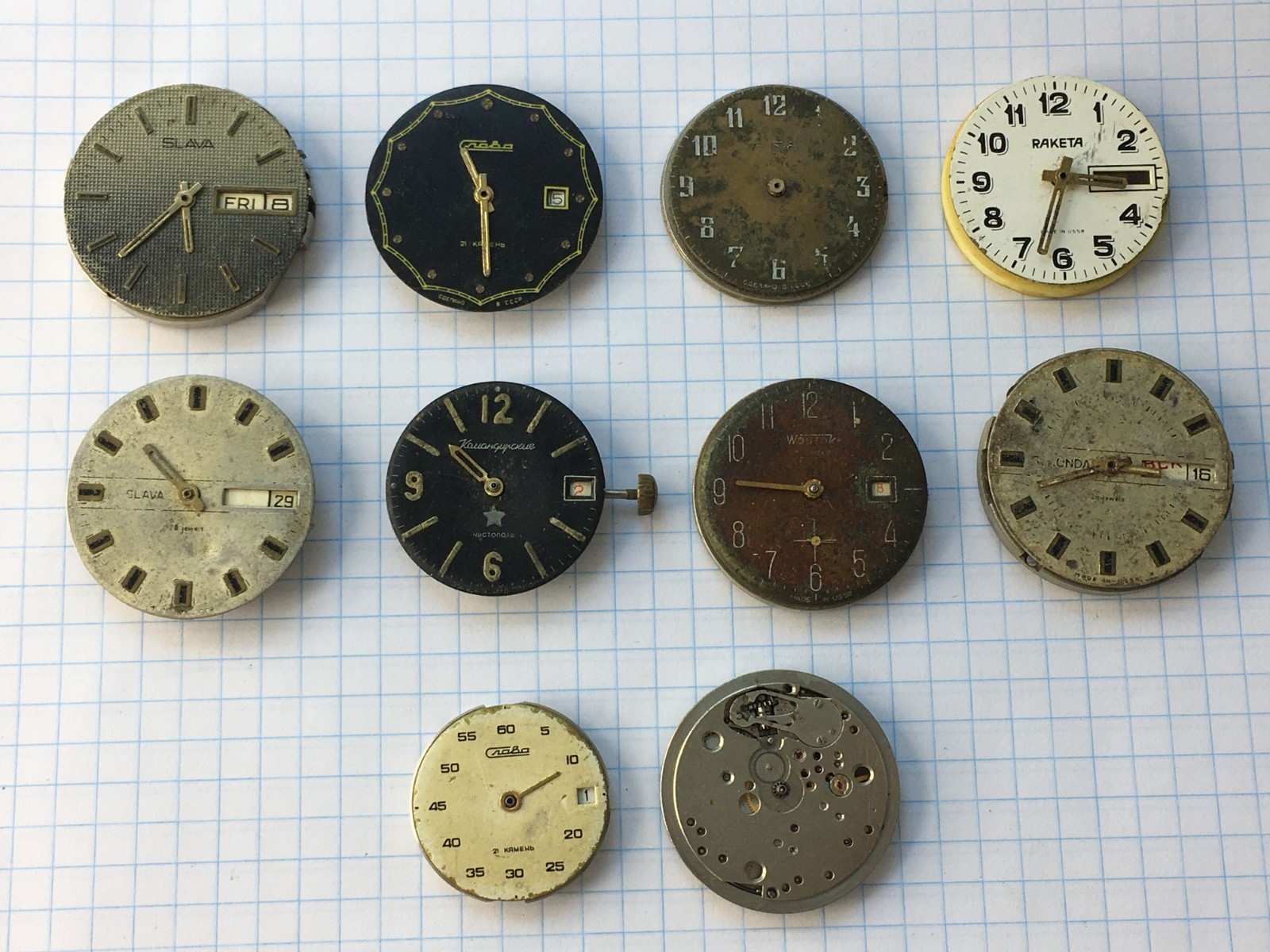 Lot of 10 Vintage men’s wristwatch movements Vostok, Slava, etc. USSR for parts