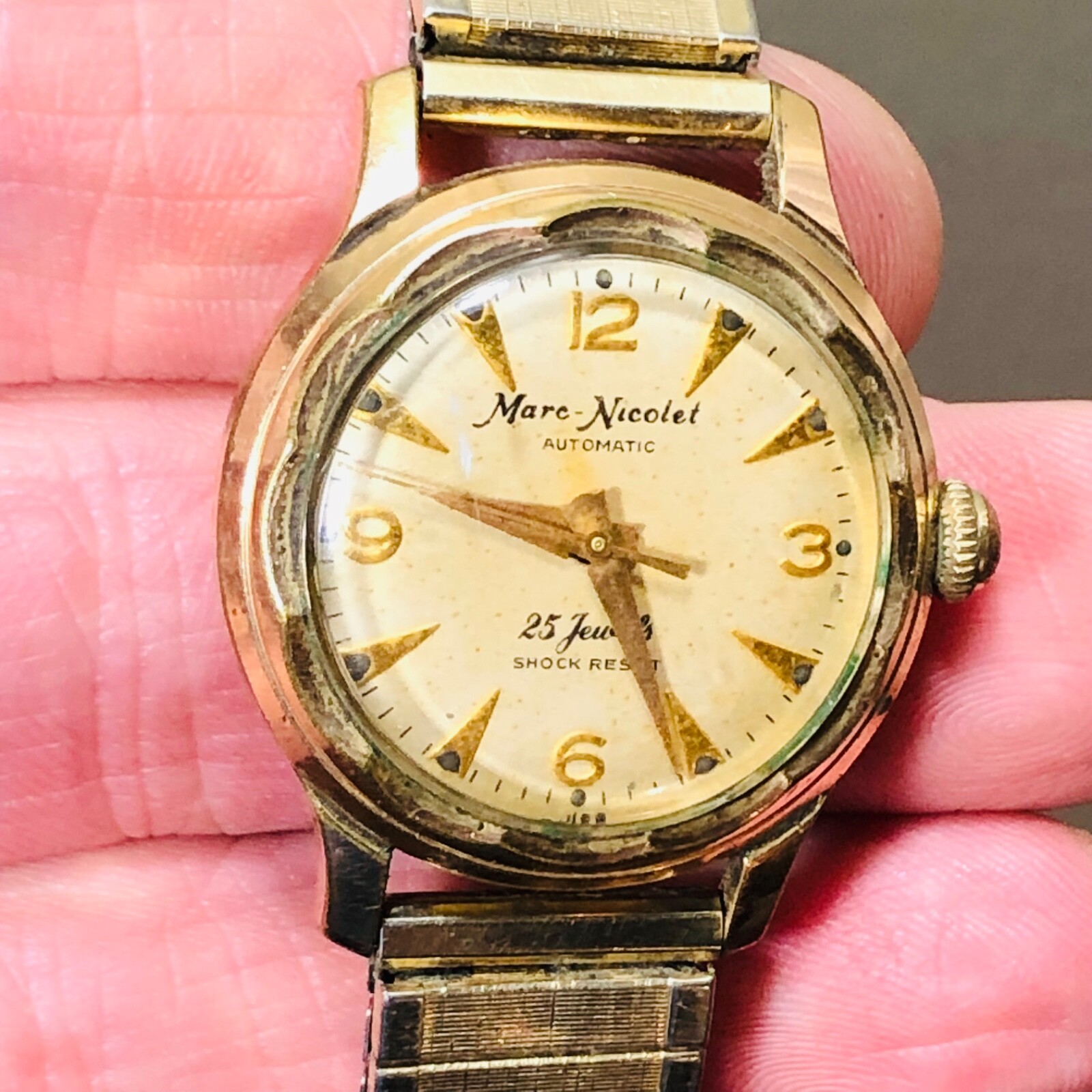 VINTAGE RARE MARC NICOLET 25 JEWEL MENS WATCH 20 MICRON CASE RUNS WELL