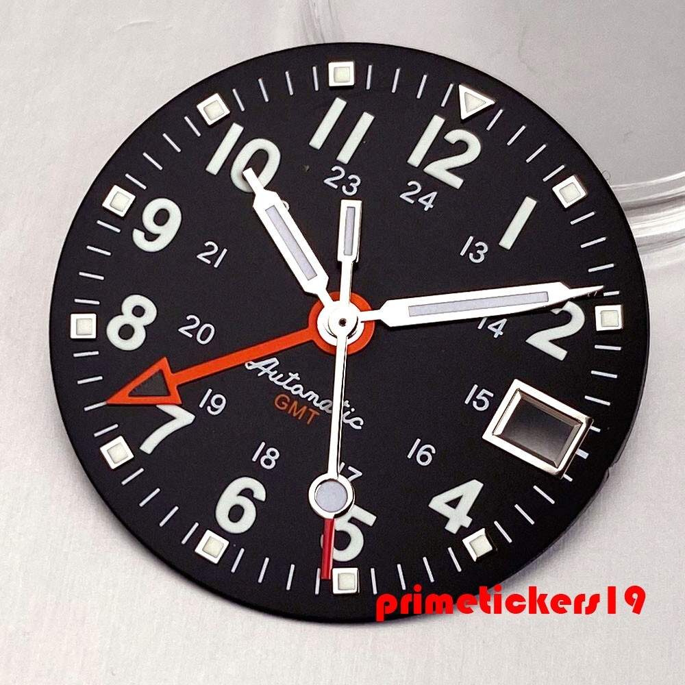 29mm Automatic GMT Pilot Watch Dial+Hands Date Green Lume Wristwatch Mod Parts