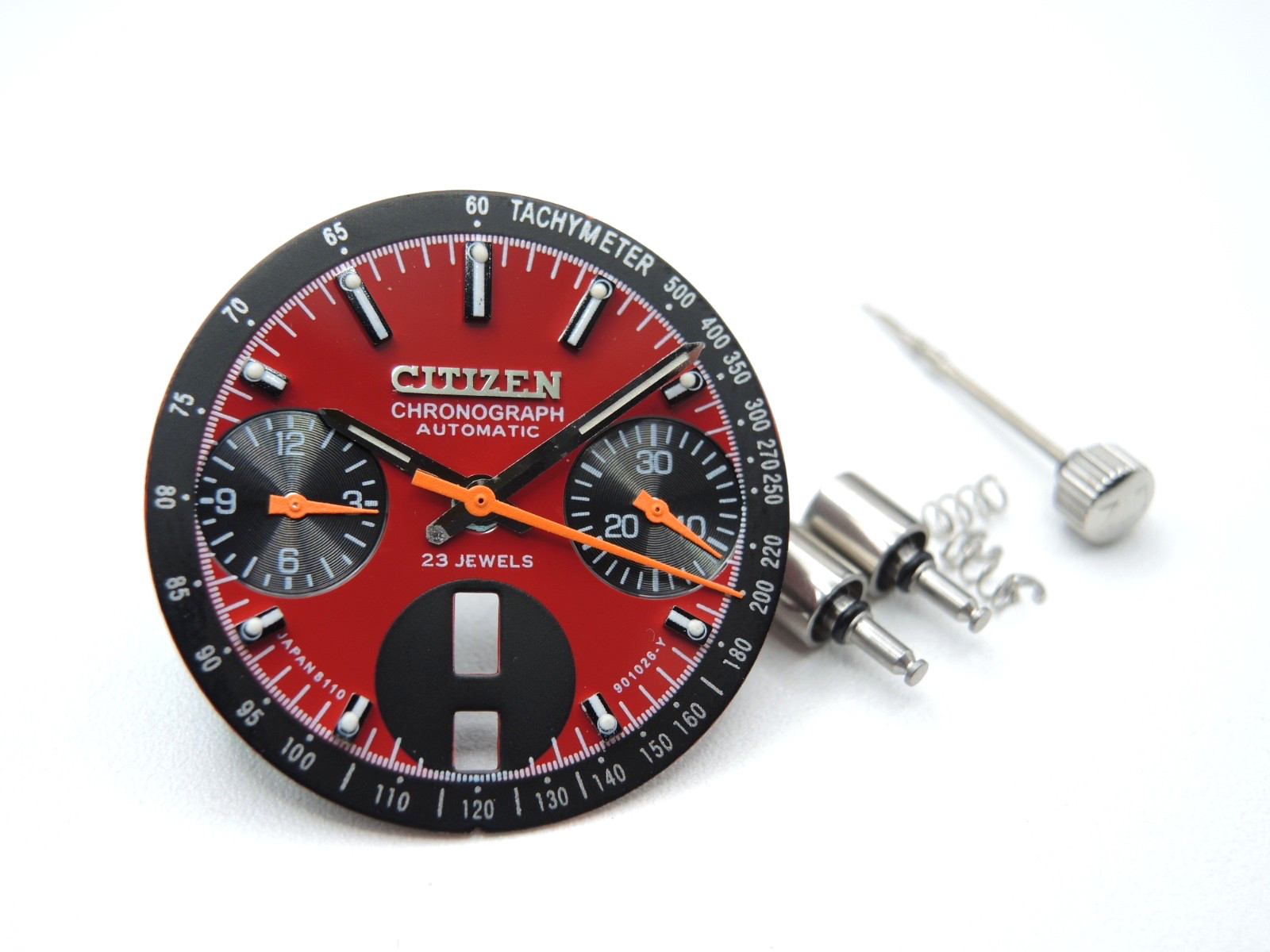 NEW RED DIAL CITIZEN, PUSH BUTTONS, CROWN & STEM FOR VINTAGE BULLHEAD 8110 WATCH