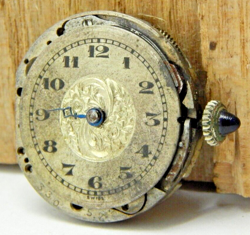 Vintage Meyer & Studeli 6 jewel 1 adjustment 0s watch movement with dial & crown
