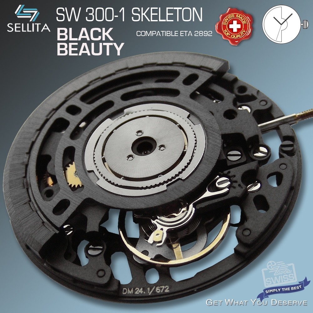MOVEMENT AUTOMATIC SELLITA SW300 SKELETON BLACK, compat: ETA 2892-A2, SOP A10