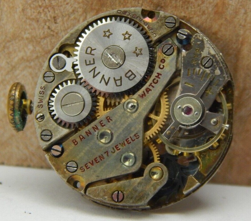 Vintage Banner 7 jewel AS 970 12/0s wrist watch movement with crown and stem