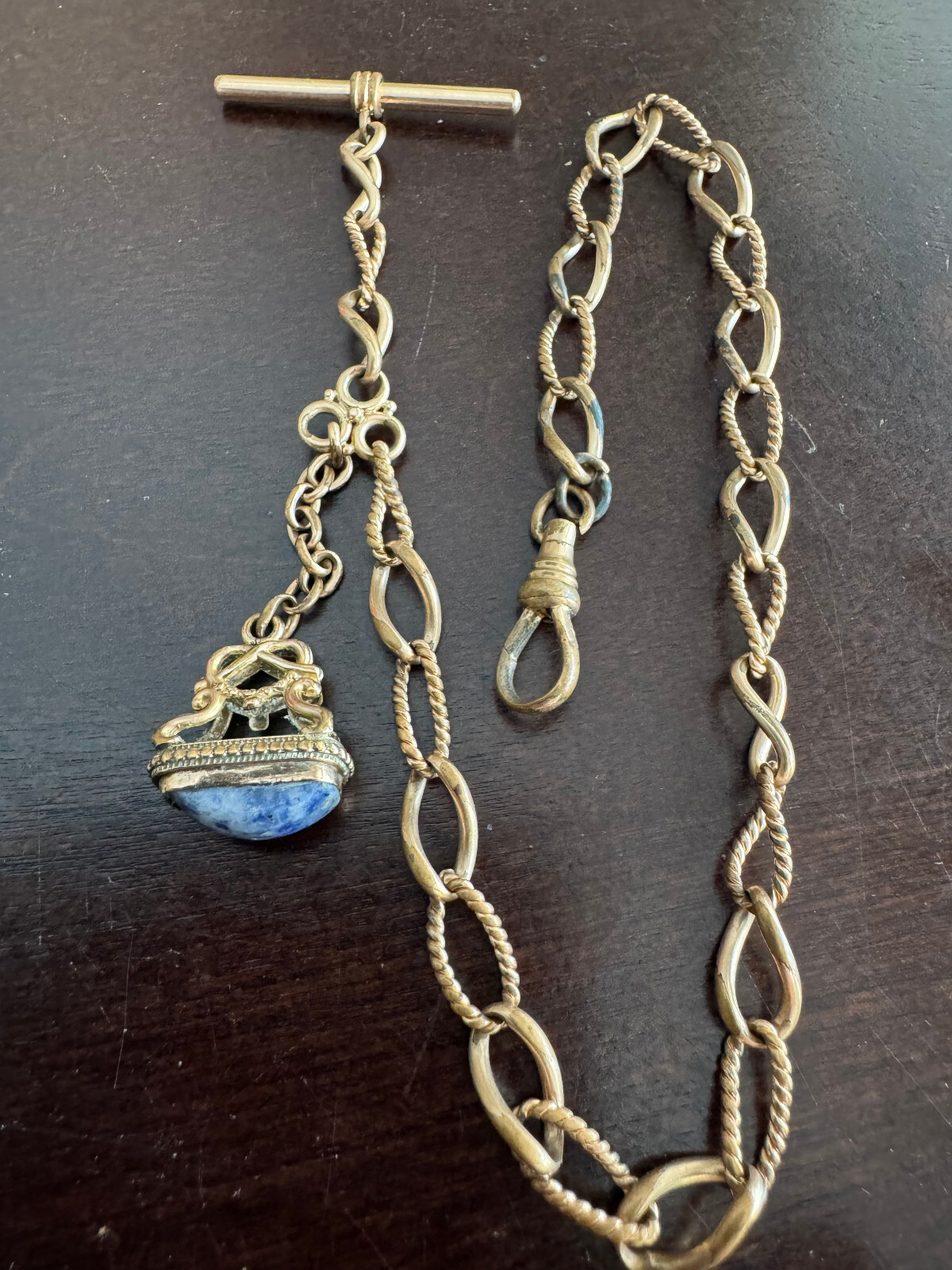 VINTAGE 14.25 INCH GOLD FILLED POCKET WATCH CHAIN WITH BLUE STONE FINIAL