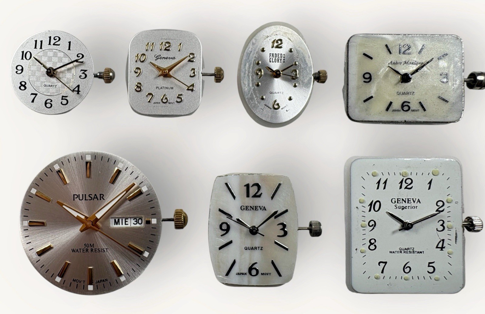 Quartz Watch Movements W/ Dials Hands Crowns Stems Lot Of 7 Working